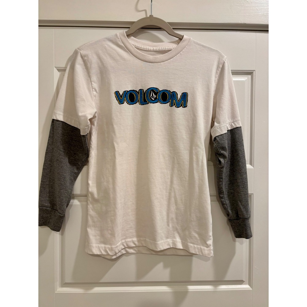 Volcom Boys BB Squable 2Fer Crew White Grey Long Sleeve Shirt Size M 10/12 NWT